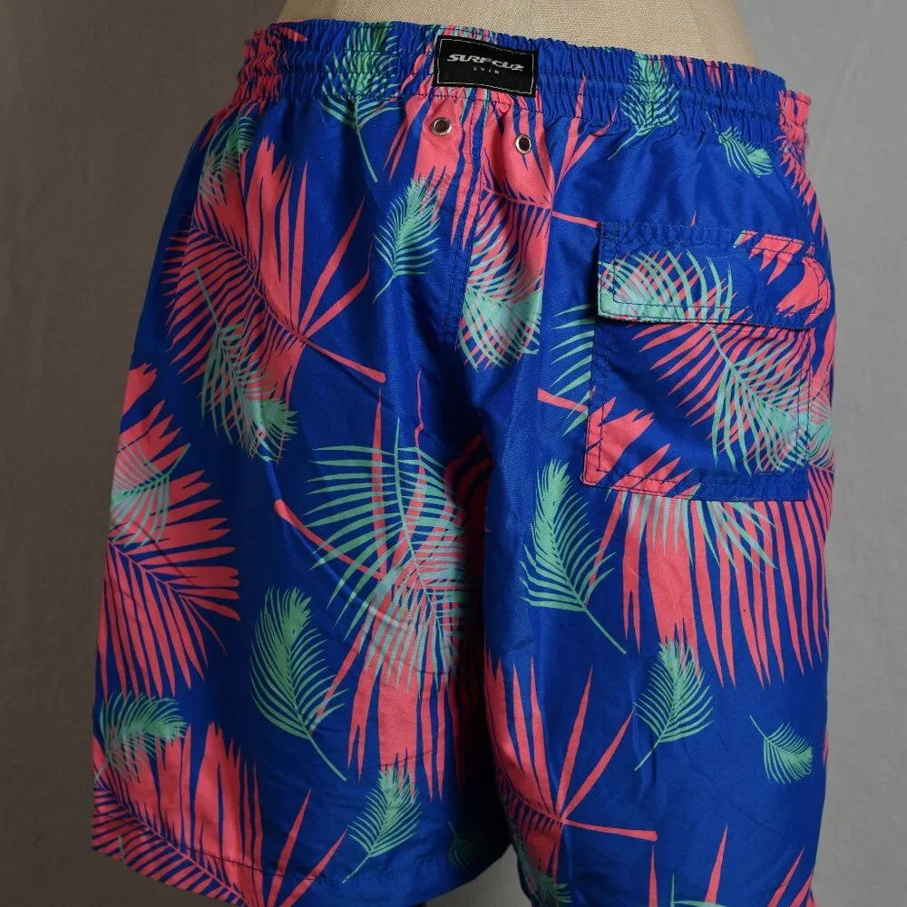 Surfcuz Blue/Pink Leaf Print Swim Trunks Lined - Size XXL